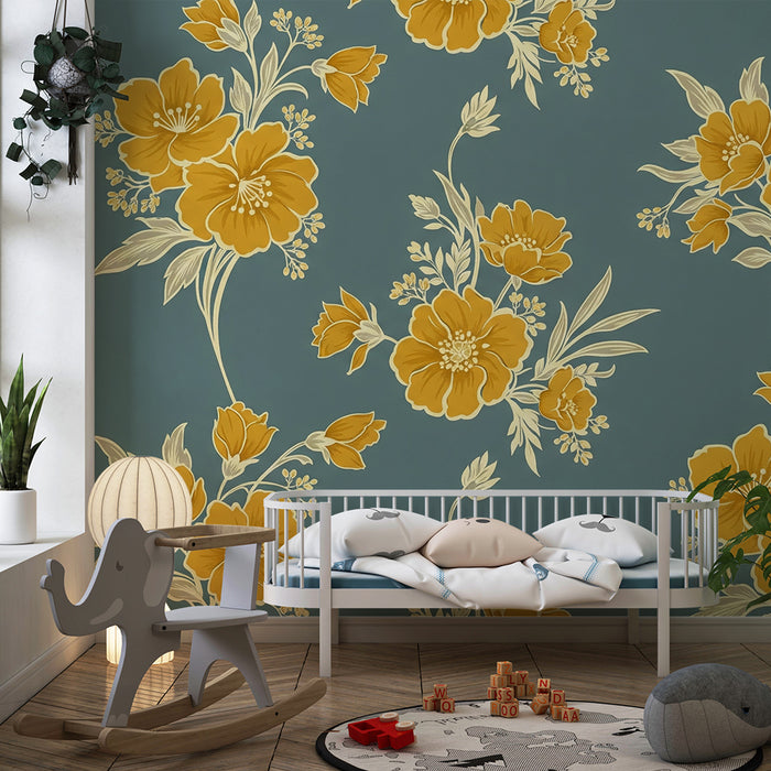 Papier peint chambre bébé | Fleurs dorées sur fond bleu tendre