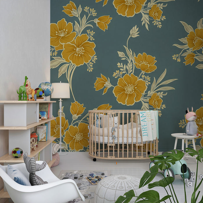 Papier peint chambre bébé | Fleurs dorées sur fond bleu tendre