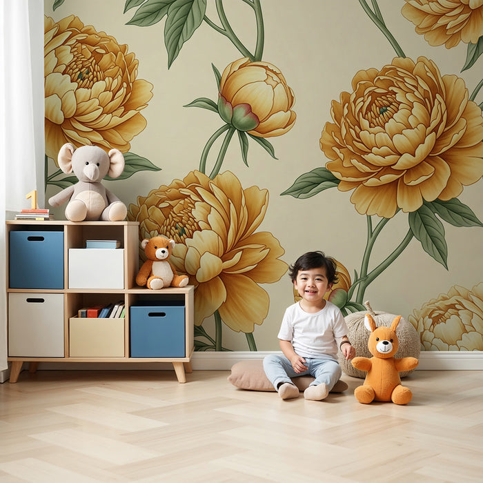Papier peint chambre bébé | Fleurs dorées sur fond crème au style doux