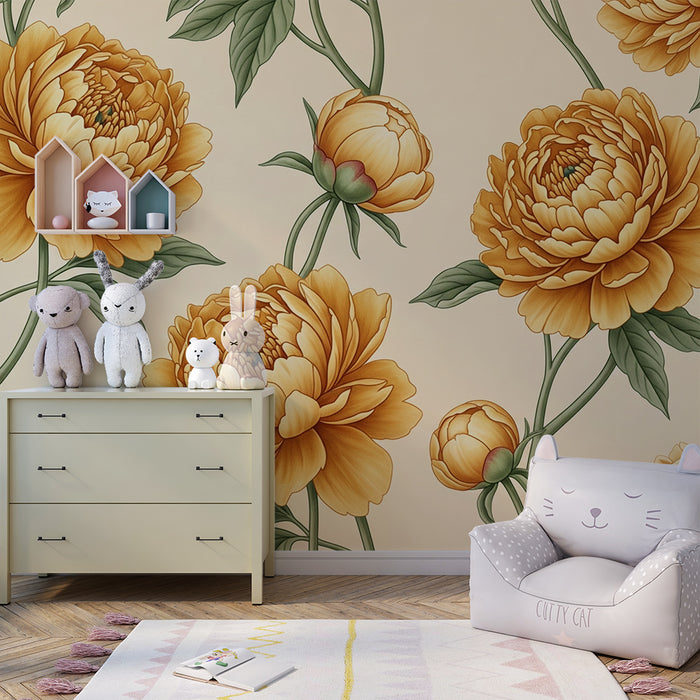Papier peint chambre bébé | Fleurs dorées sur fond crème au style doux