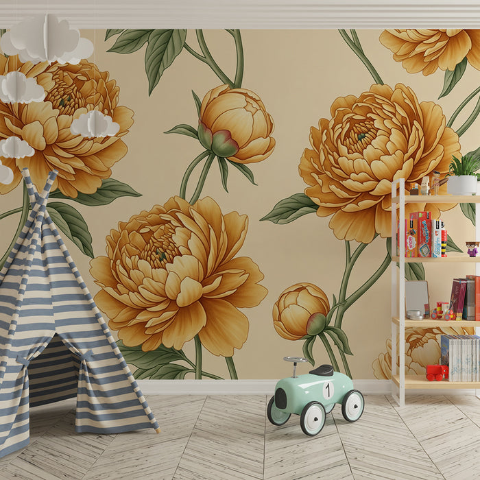 Papier peint chambre bébé | Fleurs dorées sur fond crème au style doux