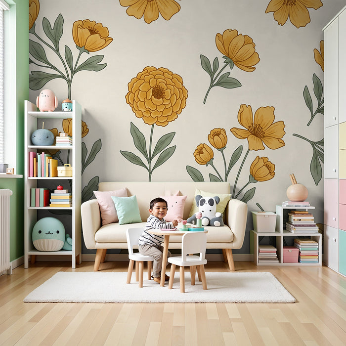 Papier peint chambre bébé | Fleurs dorées sur fond crème dans un esprit doux