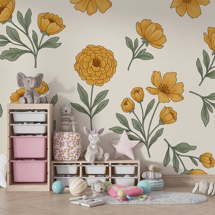 Papier peint chambre bébé | Fleurs dorées sur fond crème dans un esprit doux