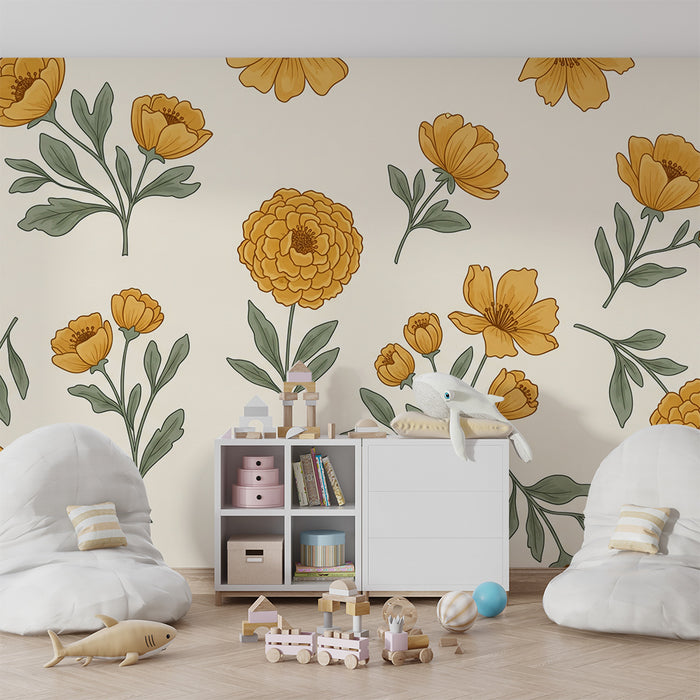 Papier peint chambre bébé | Fleurs dorées sur fond crème dans un esprit doux