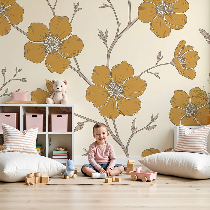 Papier peint chambre bébé | Fleurs dorées sur fond crème dans une ambiance douce