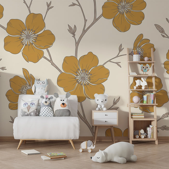 Papier peint chambre bébé | Fleurs dorées sur fond crème dans une ambiance douce