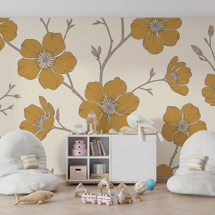 Papier peint chambre bébé | Fleurs dorées sur fond crème dans une ambiance douce