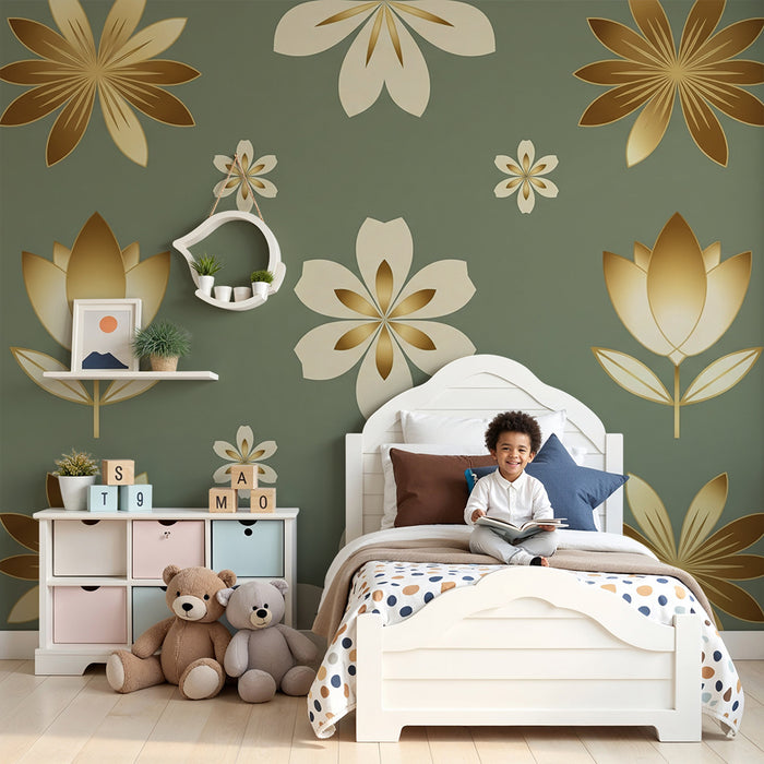 Papier peint chambre bébé | Fleurs dorées sur fond vert