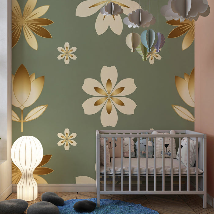 Papier peint chambre bébé | Fleurs dorées sur fond vert
