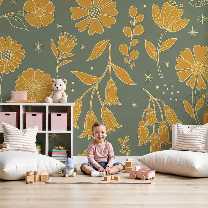 Papier peint chambre bébé | Fleurs dorées sur fond vert doux