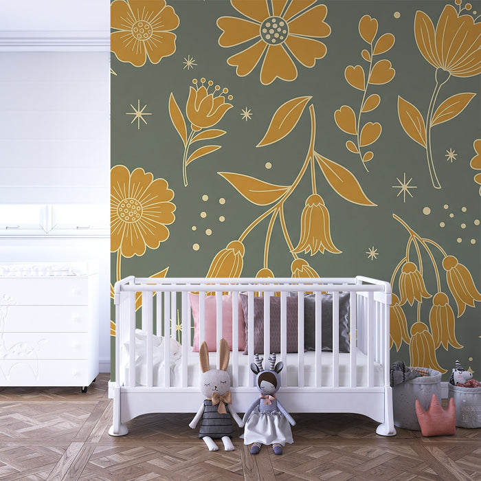 Papier peint chambre bébé | Fleurs dorées sur fond vert doux