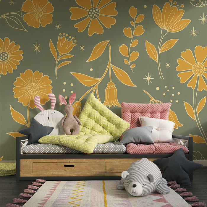 Papier peint chambre bébé | Fleurs dorées sur fond vert doux