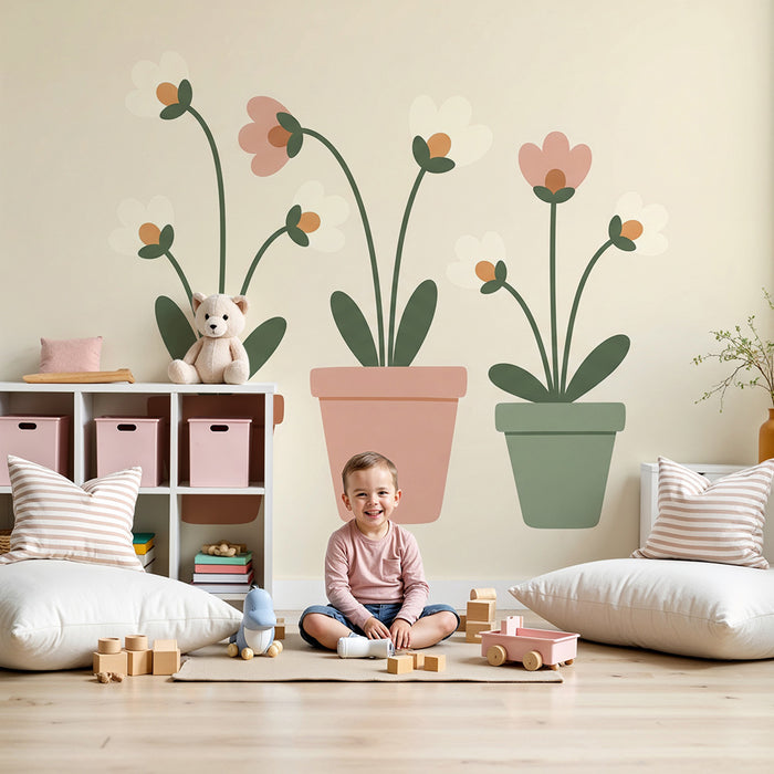 Barnrumstapet | Milda blommor i färgglada krukor på ljus bakgrund
