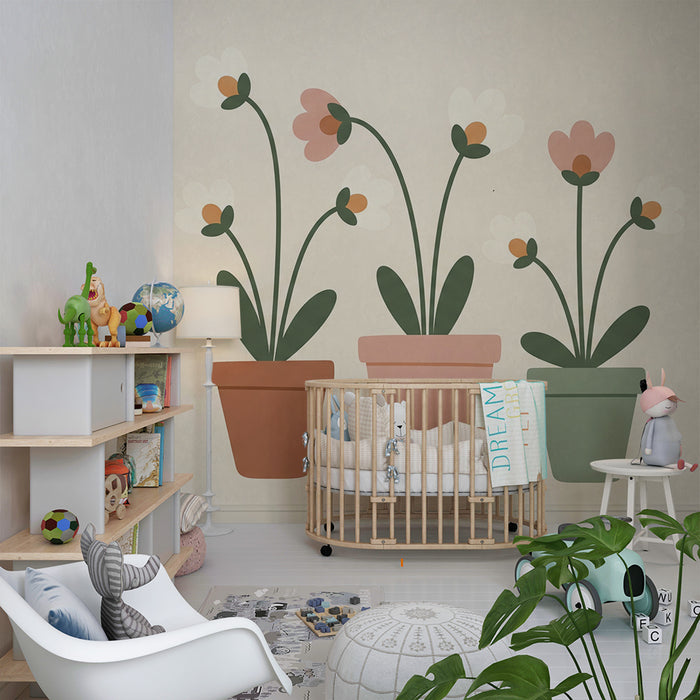 Barnrumstapet | Milda blommor i färgglada krukor på ljus bakgrund