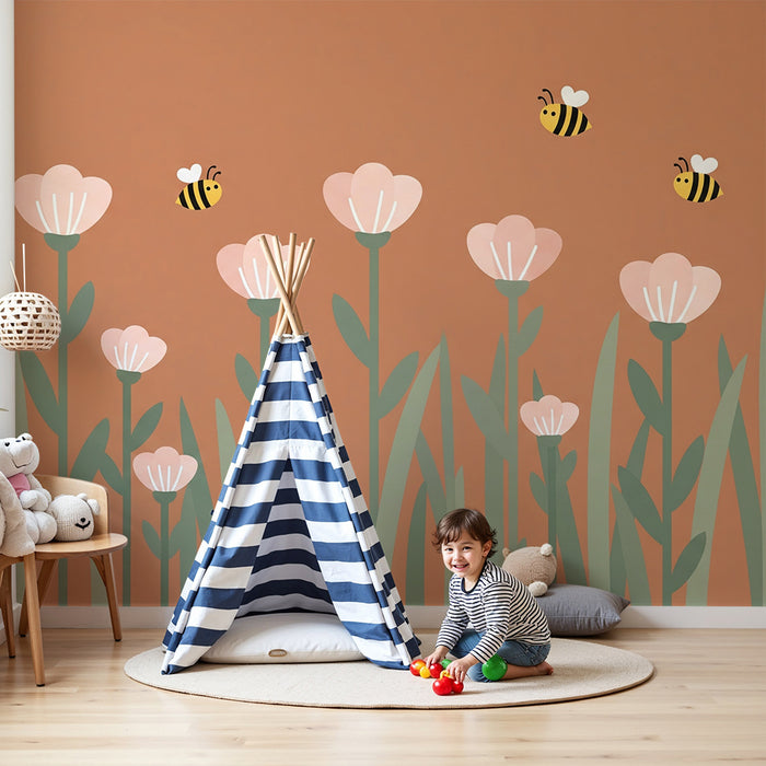 Papel de parede quarto bebê | Flores suaves e abelhas alegres