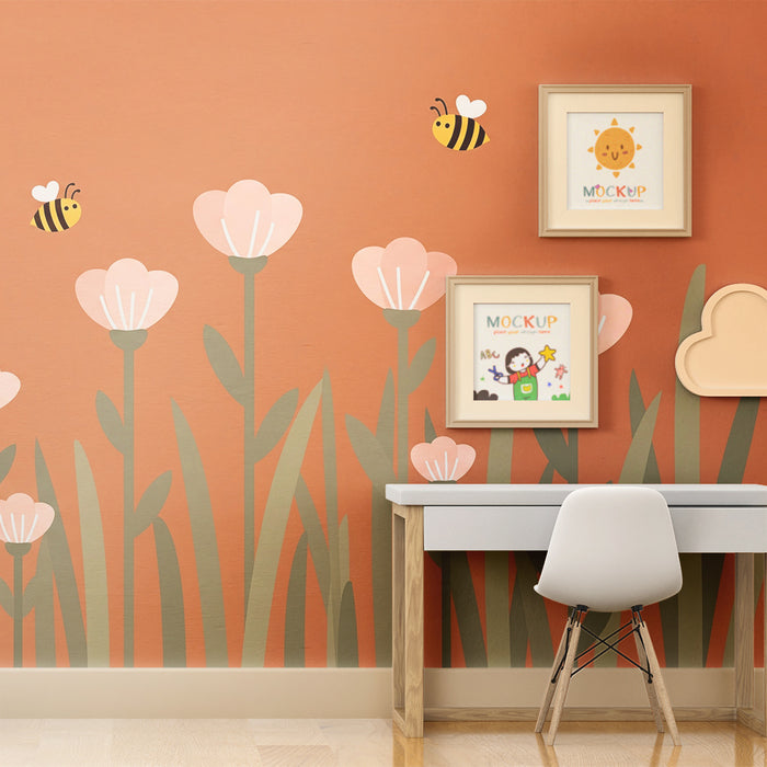 Papel de parede quarto bebê | Flores suaves e abelhas alegres