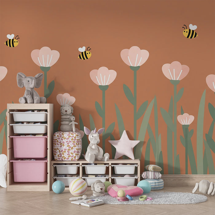 Papel de parede quarto bebê | Flores suaves e abelhas alegres