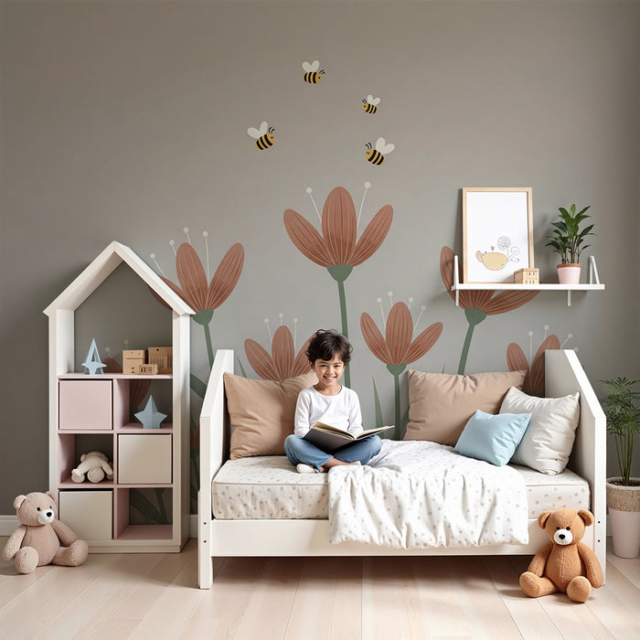 Babyzimmer Tapete | Sanfte Blumen und fröhliche Bienen auf taupe Hintergrund