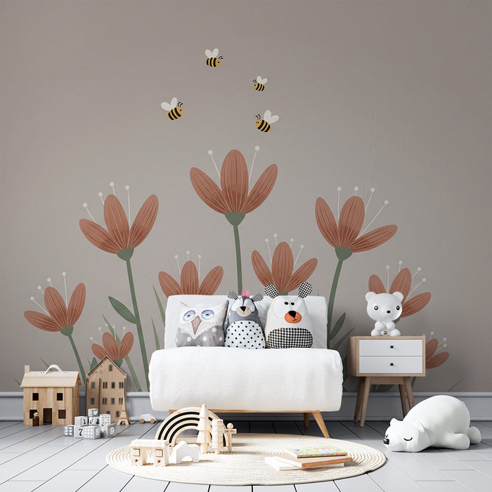 Babyzimmer Tapete | Sanfte Blumen und fröhliche Bienen auf taupe Hintergrund