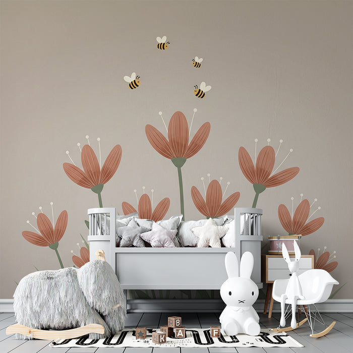 Babyzimmer Tapete | Sanfte Blumen und fröhliche Bienen auf taupe Hintergrund