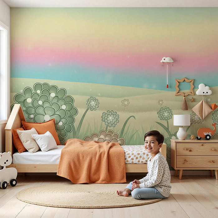 Papel de parede quarto bebê | Flores suaves e céu pastel