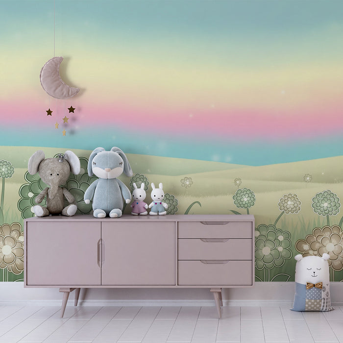 Papel de parede quarto bebê | Flores suaves e céu pastel