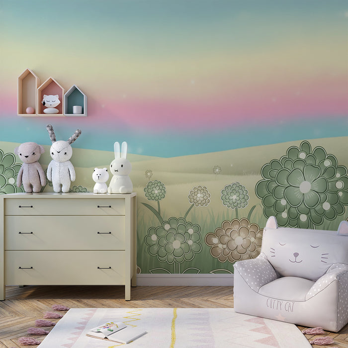 Papel de parede quarto bebê | Flores suaves e céu pastel