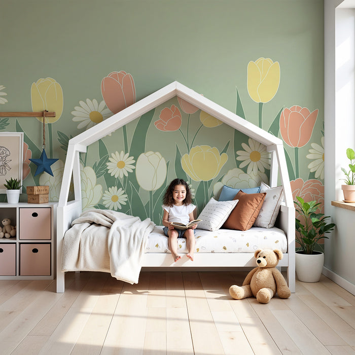 Babykamer behang | Zachte bloemen en ondeugende konijntjes