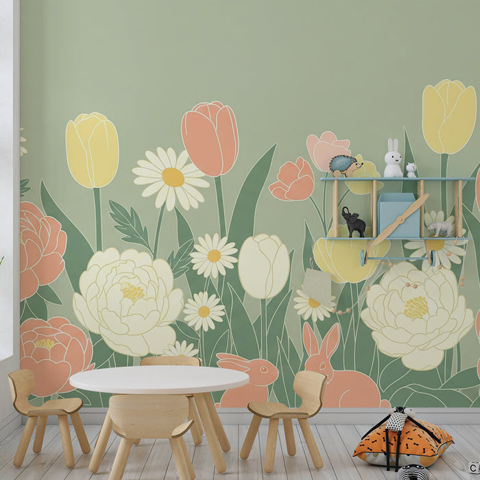 Babykamer behang | Zachte bloemen en ondeugende konijntjes
