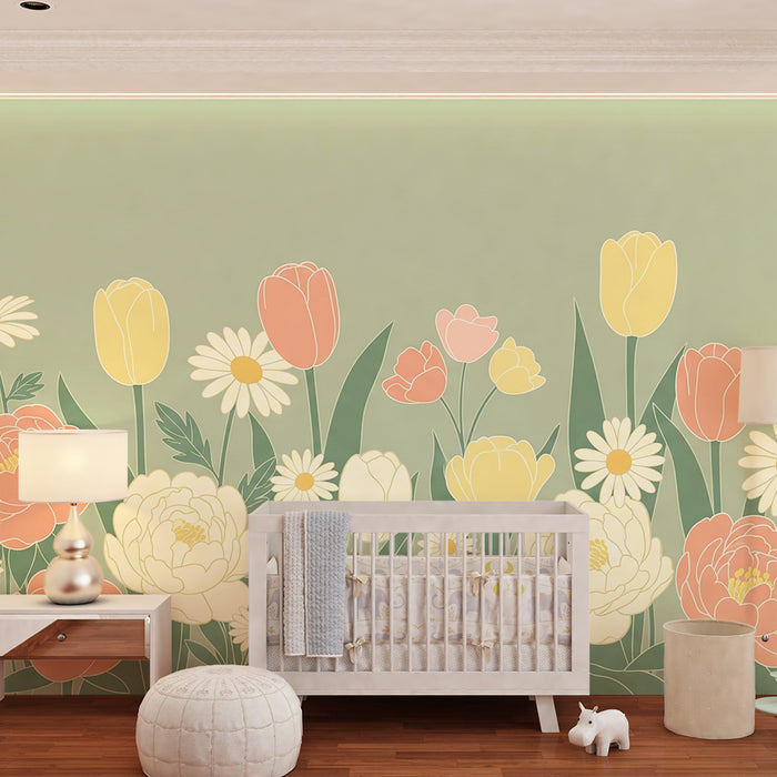 Babykamer behang | Zachte bloemen en ondeugende konijntjes
