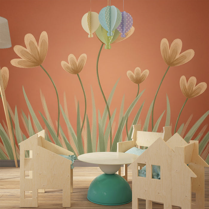 Papel de parede quarto bebê | Flores suaves em fundo acolhedor