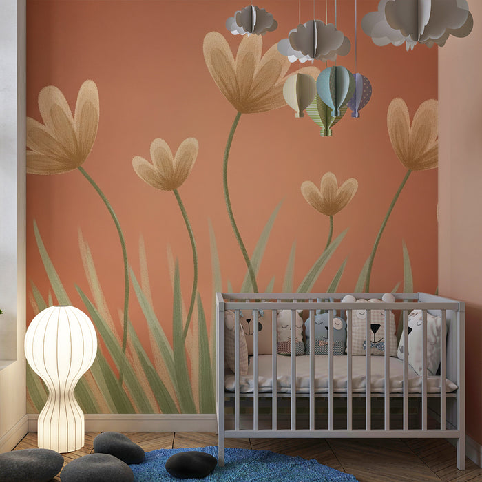 Papel de parede quarto bebê | Flores suaves em fundo acolhedor