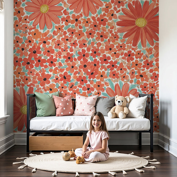 Papel de parede quarto bebê | Flores brilhantes em tons de vermelho e laranja