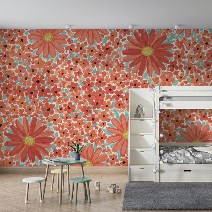 Papel de parede quarto bebê | Flores brilhantes em tons de vermelho e laranja