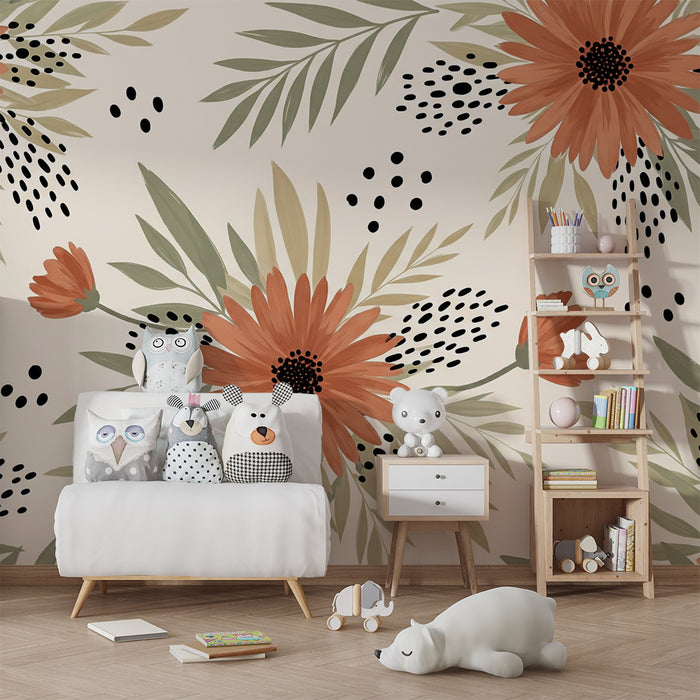 Papier peint chambre bébé | Fleurs éclatantes et feuillage délicat sur fond doux