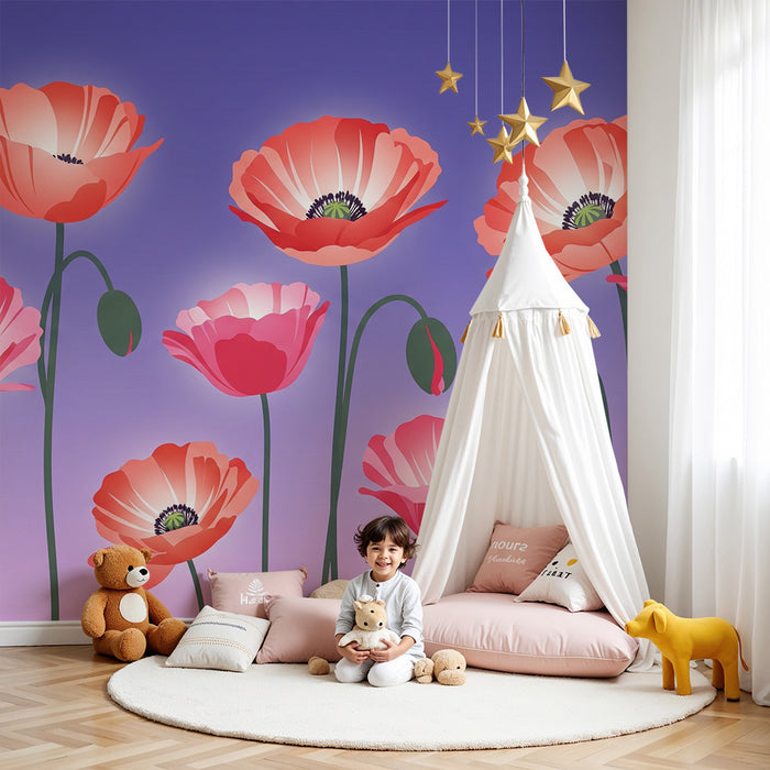 Lastenhuoneen tapetti | Kirkkaat kukat violetilla pohjalla