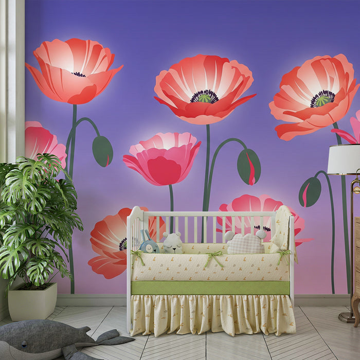 Lastenhuoneen tapetti | Kirkkaat kukat violetilla pohjalla