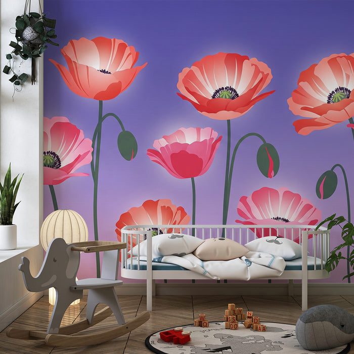 Lastenhuoneen tapetti | Kirkkaat kukat violetilla pohjalla
