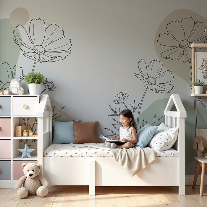 Babykamer behang | Bloemen in omtrek met zachte vormen
