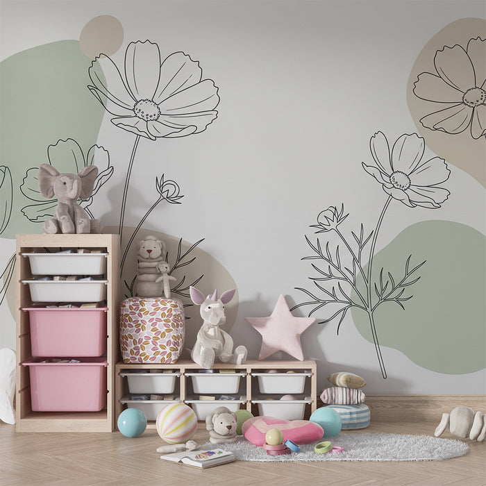 Babykamer behang | Bloemen in omtrek met zachte vormen