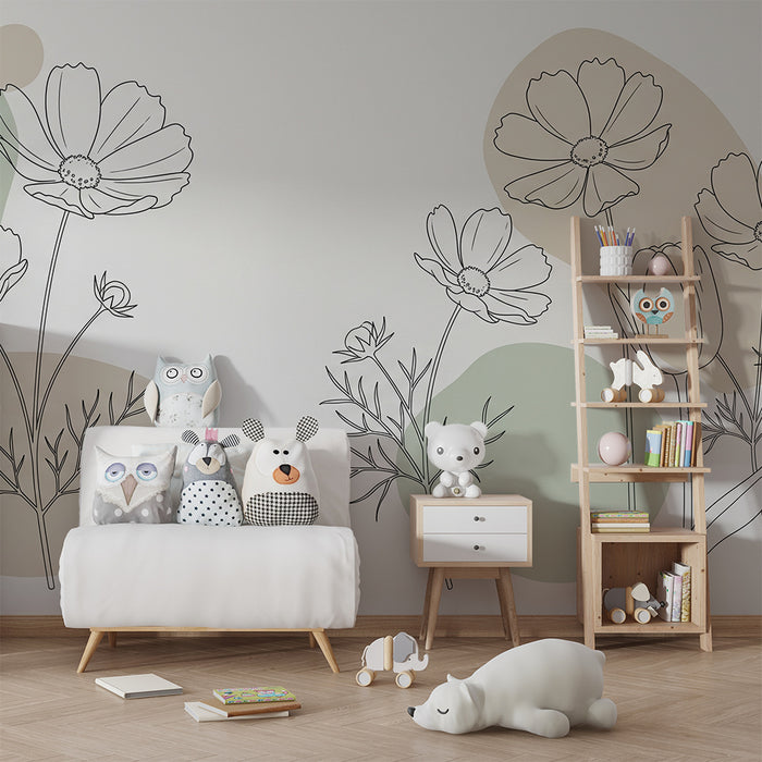 Babykamer behang | Bloemen in omtrek met zachte vormen