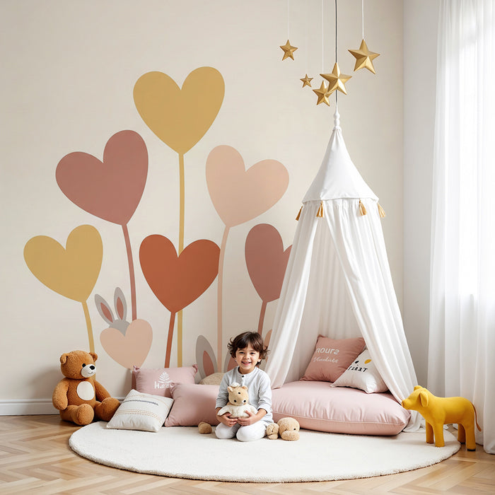 Papier peint chambre bébé | Fleurs en forme de cœur et petits lapins doux
