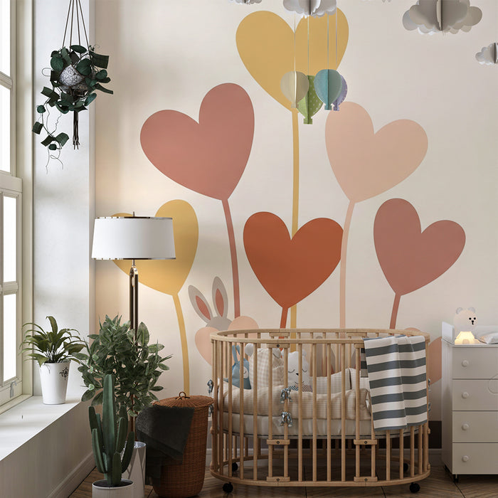 Papier peint chambre bébé | Fleurs en forme de cœur et petits lapins doux