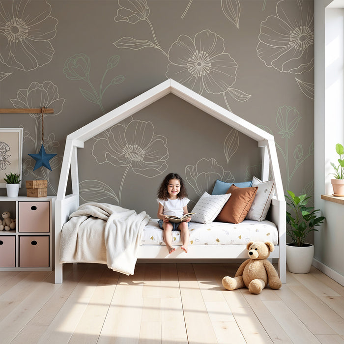 Papier peint chambre bébé | Fleurs en line art