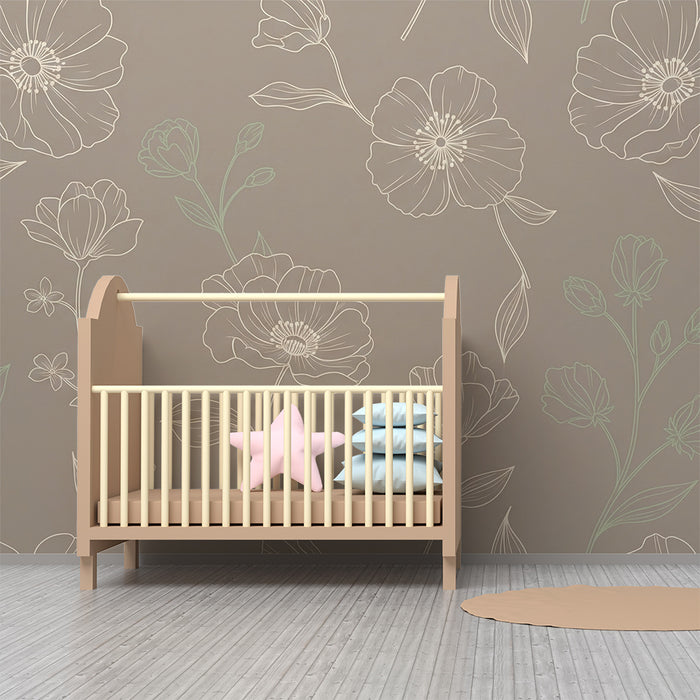 Papier peint chambre bébé | Fleurs en line art