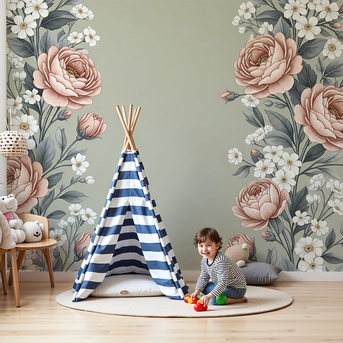 Barntapet | Blommor i längd på khakigrön bakgrund