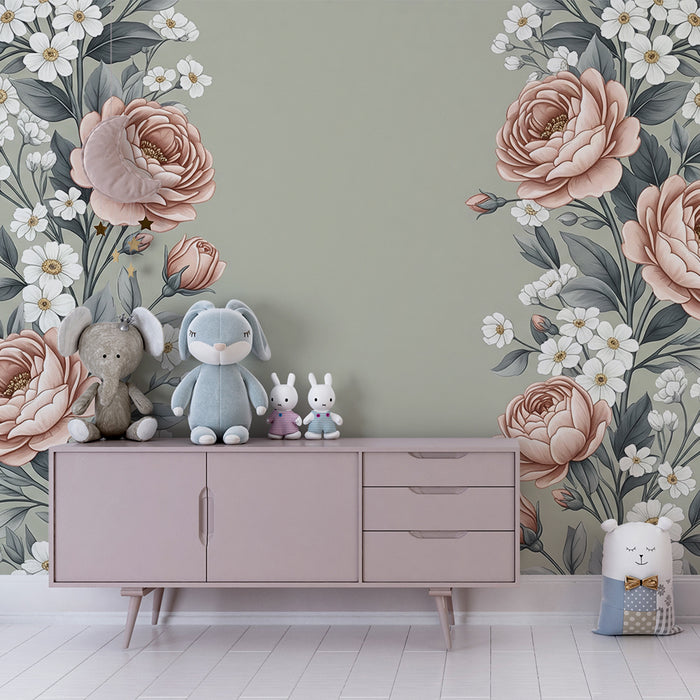 Barntapet | Blommor i längd på khakigrön bakgrund