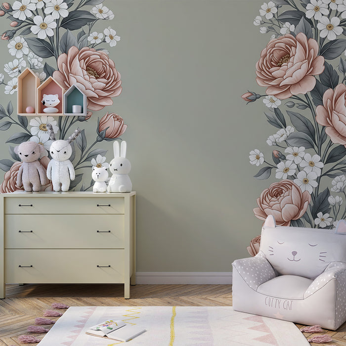 Barntapet | Blommor i längd på khakigrön bakgrund