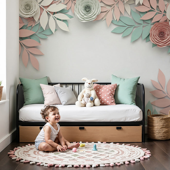 Papier peint chambre bébé | Fleurs en papier pastel et feuillage délicat