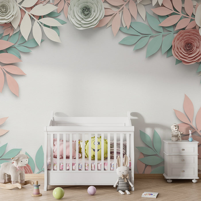 Papier peint chambre bébé | Fleurs en papier pastel et feuillage délicat